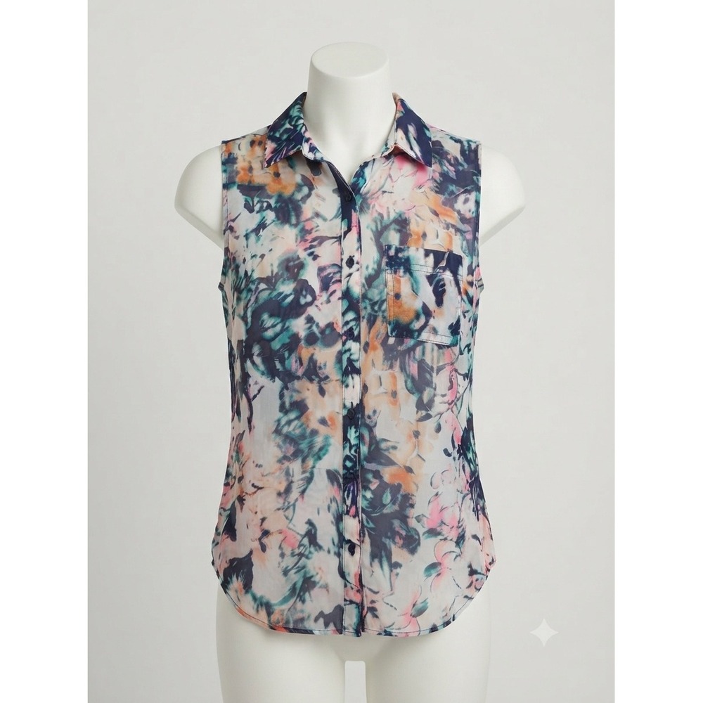 Liz Claiborne Petite Sleeveless Button Up Blouse Abstract Floral Print PS Navy